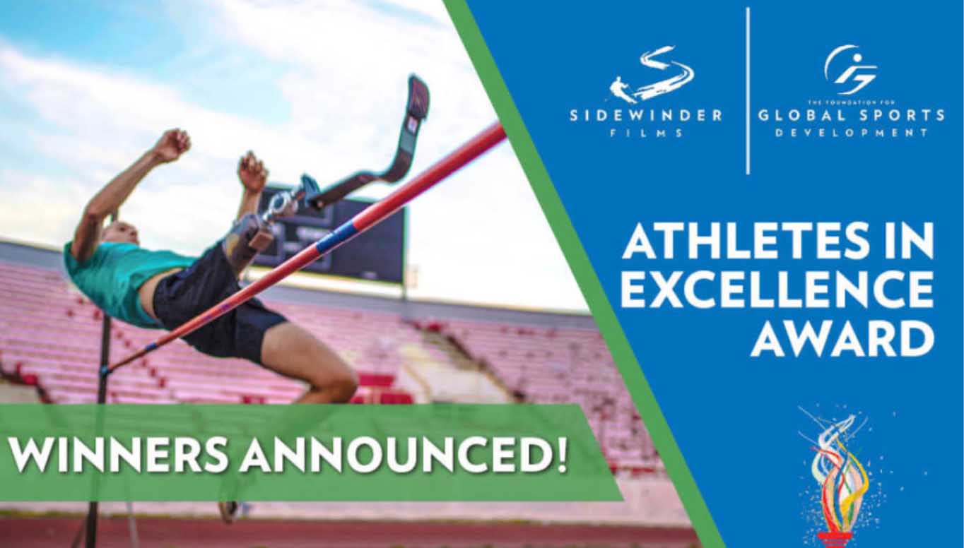 Winners Announced text over image of man wearing prosthetic leg doing the high jump event